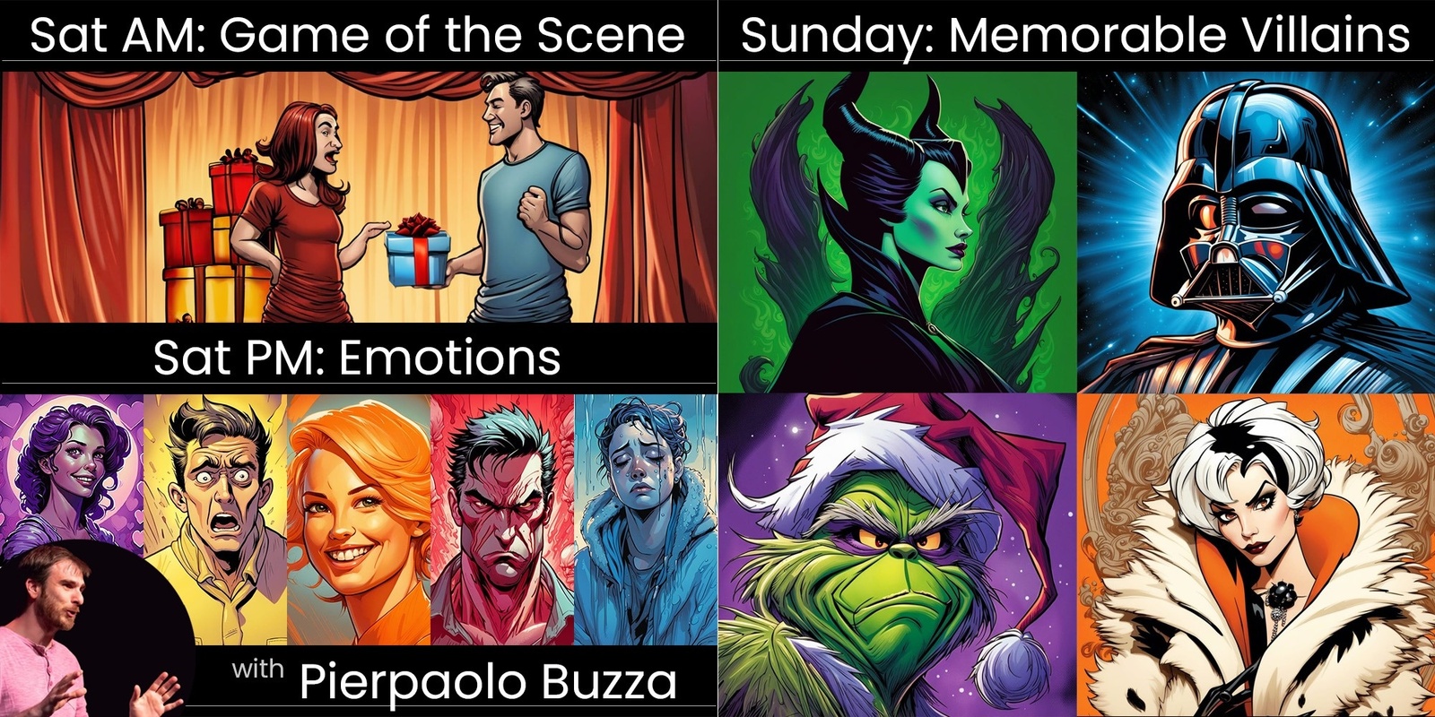 Banner image for Improv Workshops with Pierpaolo Buzza (Game of Scene, Emotions, and Villains)