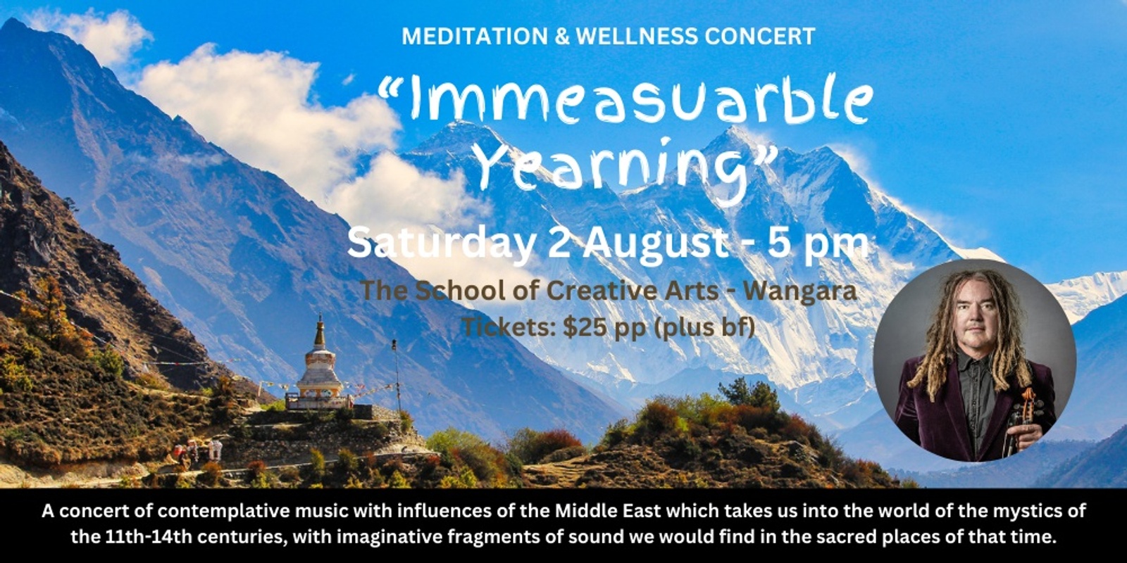 Banner image for "Immeasurable Yearning" - a meditation & wellness concert with violinist-composer Rupert Guenther