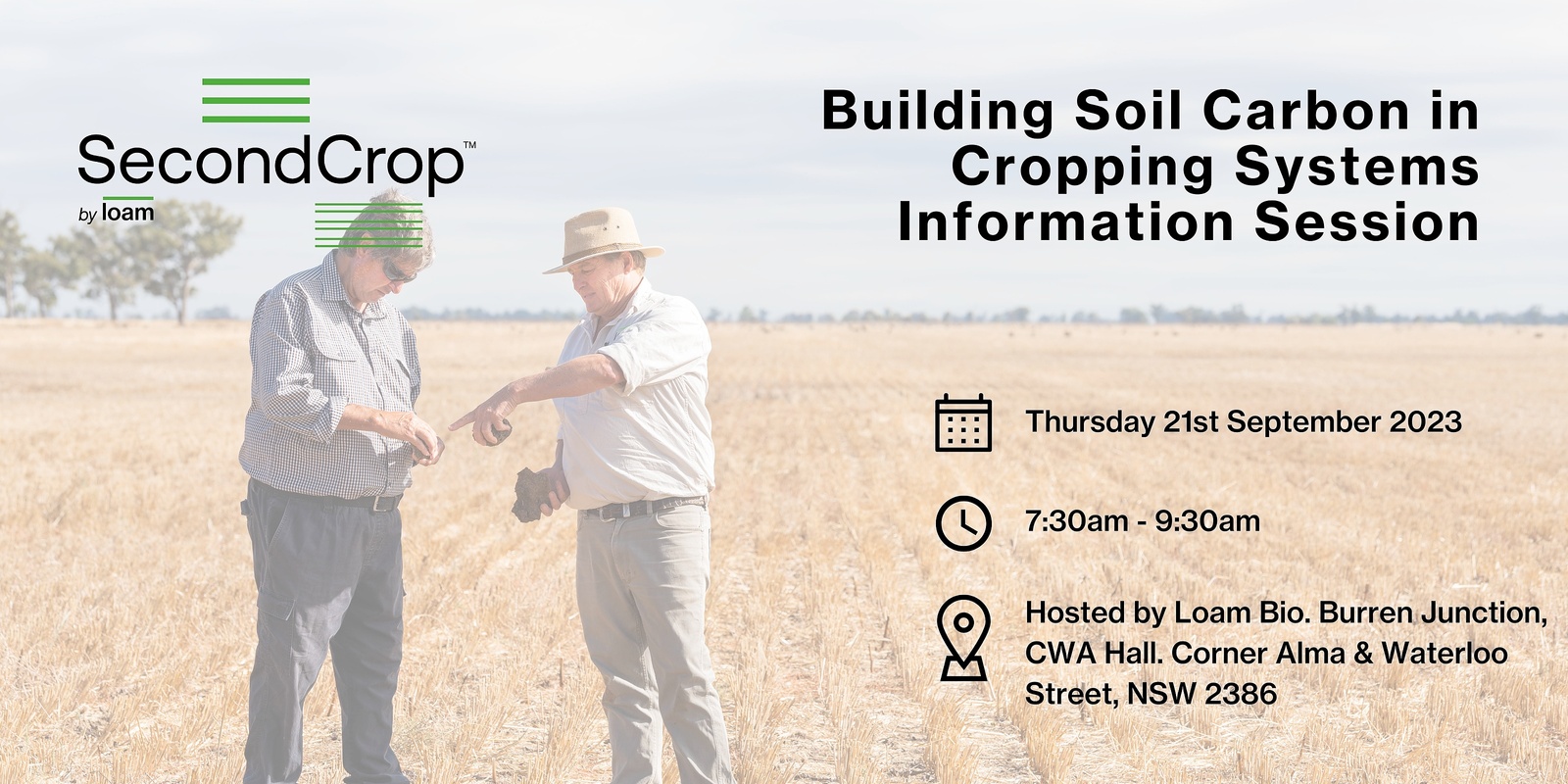 Banner image for SecondCrop, by Loam Bio - Building soil carbon in cropping systems information session in Burren Junction 
