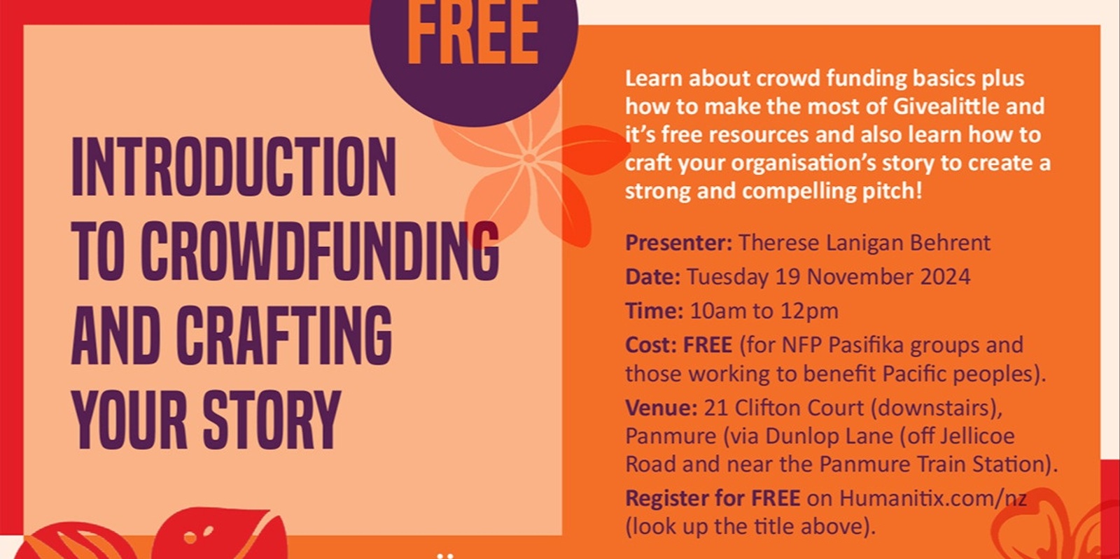 Banner image for FREE IN-PERSON WORKSHOP in Panmure for Pacific peoples groups: Introduction to crowdfunding and crafting your story