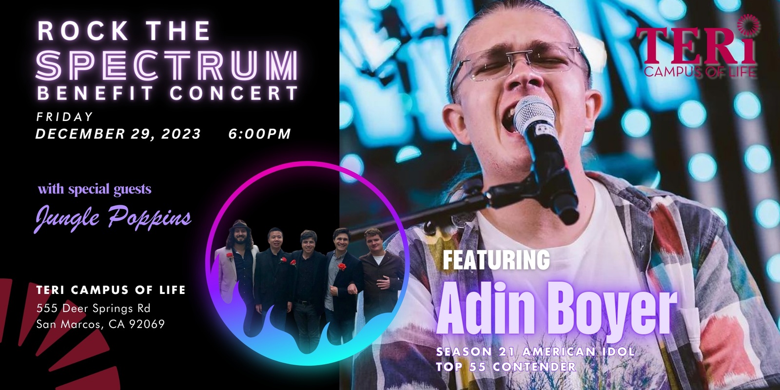 Banner image for ROCK THE SPECTRUM BENEFIT CONCERT: American Idol Contestant Adin Boyer &  Jungle Poppins