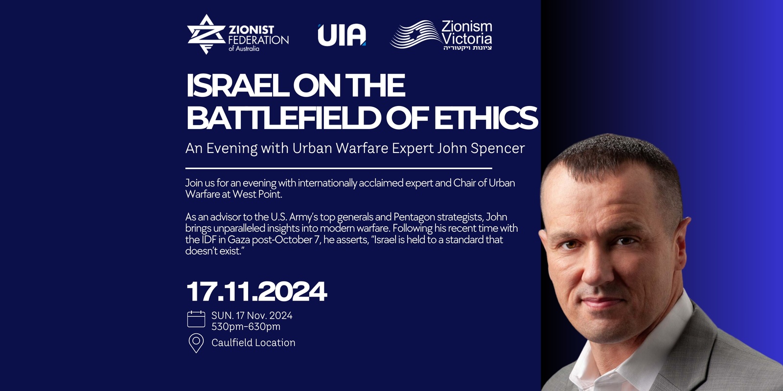 Banner image for Israel on the Battlefield of Ethics: An Evening with Urban Warfare Expert John Spencer