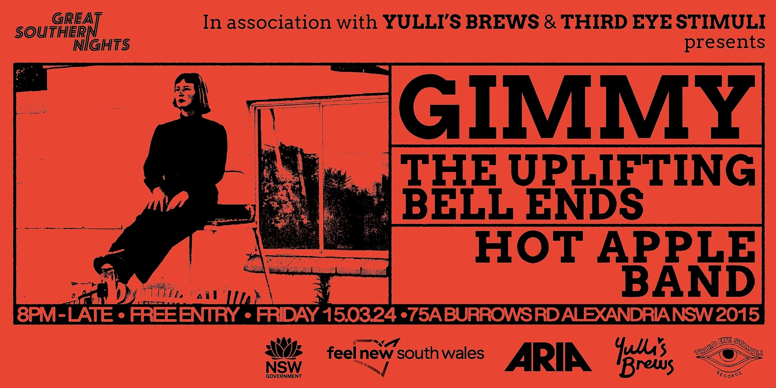 Banner image for Great Southern Nights, Third Eye Stimuli & Yulli's Brews present; GIMMY, The Uplifting Bell Ends & Hot Apple Band.