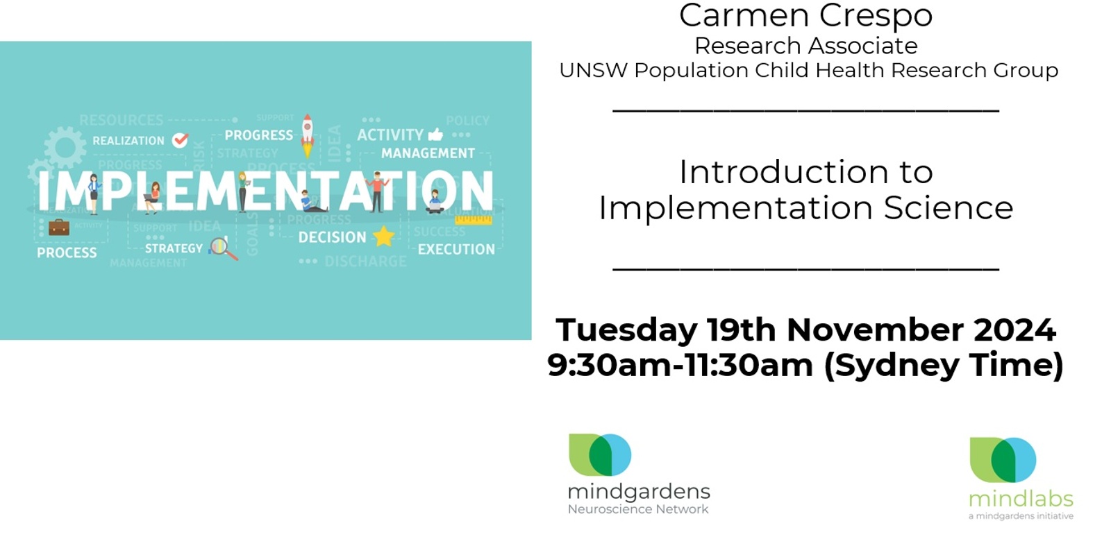 Banner image for Introduction to Implementation Science (Employees of UNSW, SESLHD, Black Dog Institute and NeuRA - Discount Tickets $20: Use code IMPVIP)