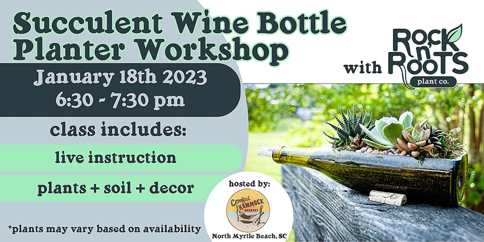 Banner image for (SOLD OUT) Succulent Wine Bottle Workshop at Crooked Hammock Brewery (North Myrtle Beach, SC)