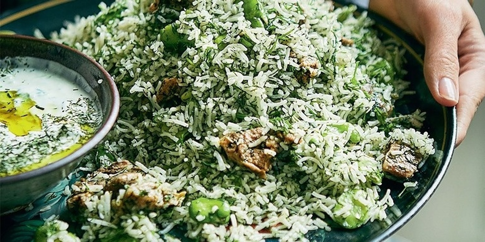 Banner image for Story Festival 2023: Traditional Iraqi green rice with jajeek sauce. 