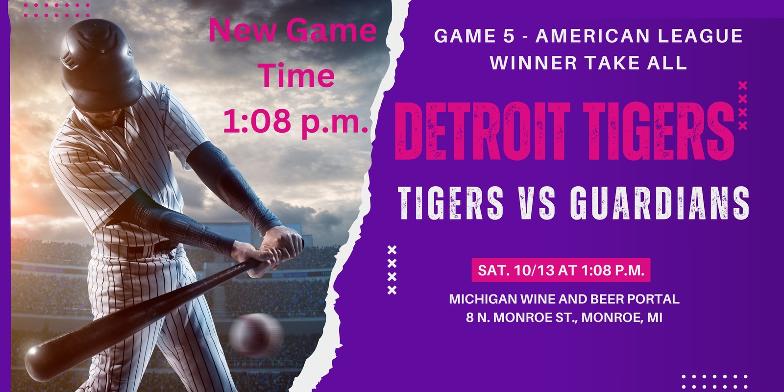 Banner image for Watch Game Five - Detroit Tigers vs. Cleveland Guardians 1:08 p.m., Saturday, October 12 at the Michigan Wine and Beer Portal 