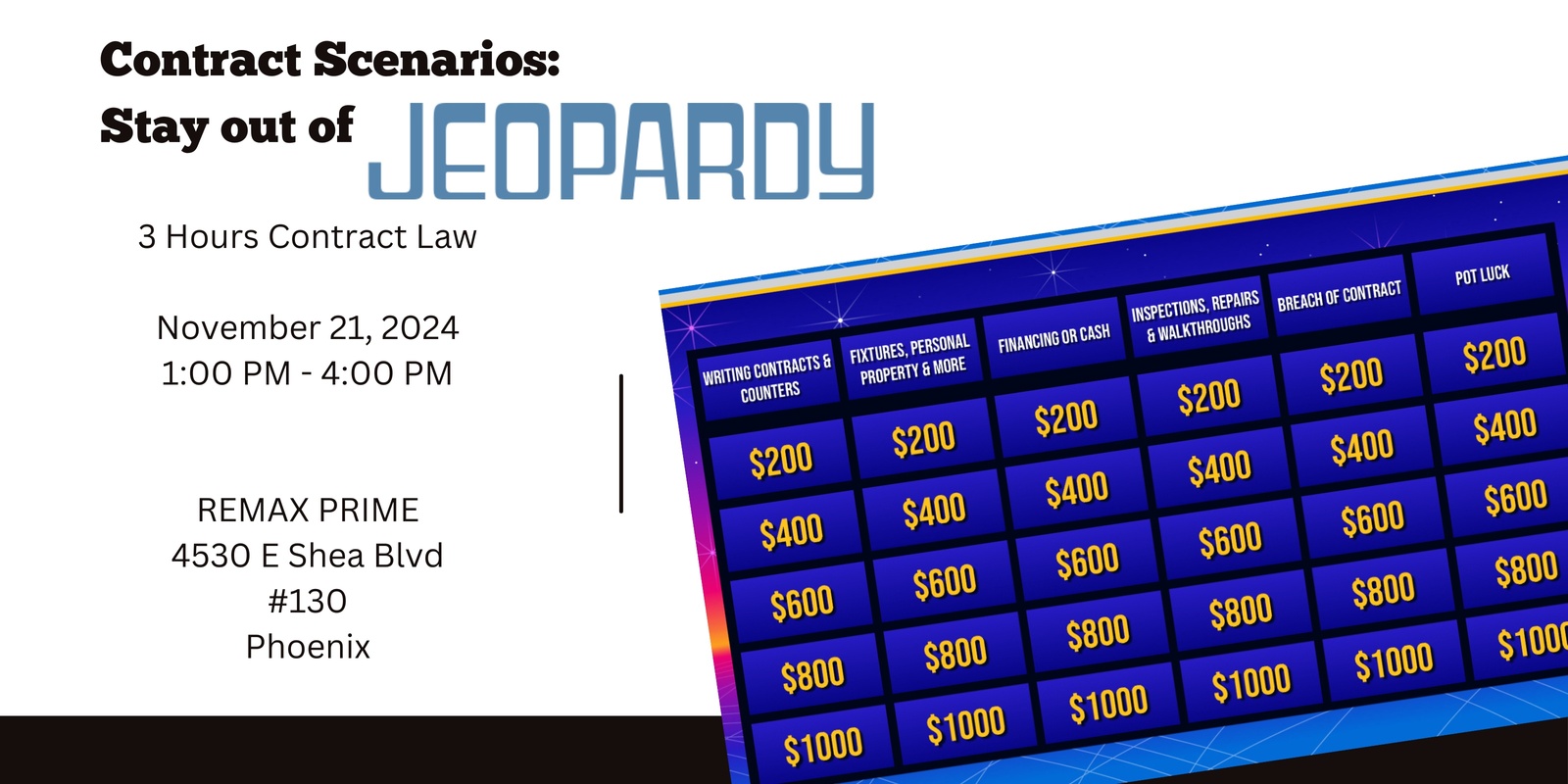 Banner image for Contract Scenarios:  Stay out of Jeopardy  3 Hours Contract Law Nov 21, 2024. 1:00PM