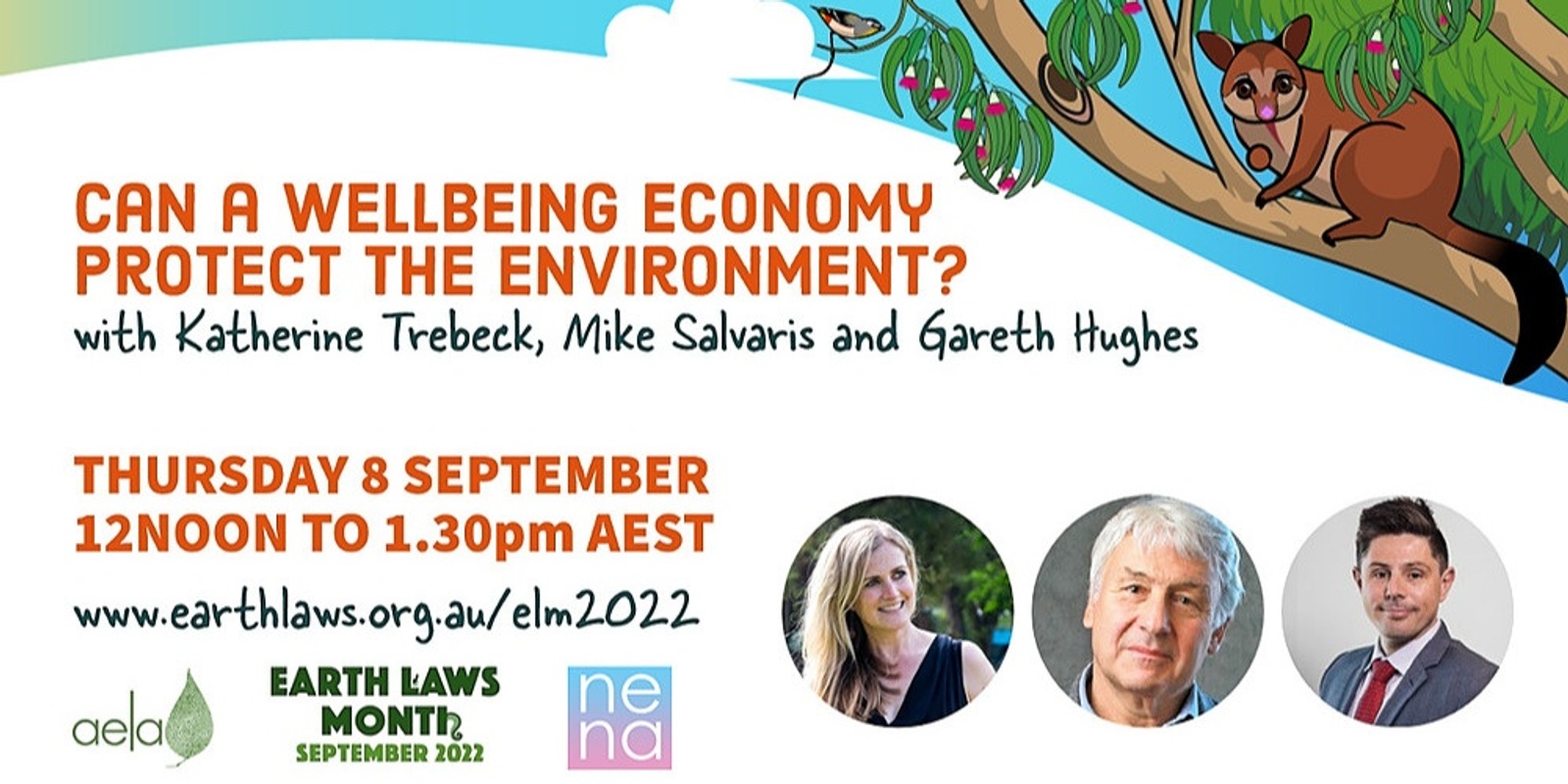 Banner image for Can a Wellbeing Economy protect the environment? with Katherine Trebeck, Mike Salvaris & Gareth Hughes