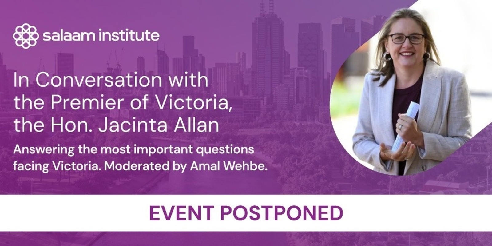 Banner image for POSTPONED - The Challenges & Opportunities facing Victoria: In Conversation with Jacinta Allan