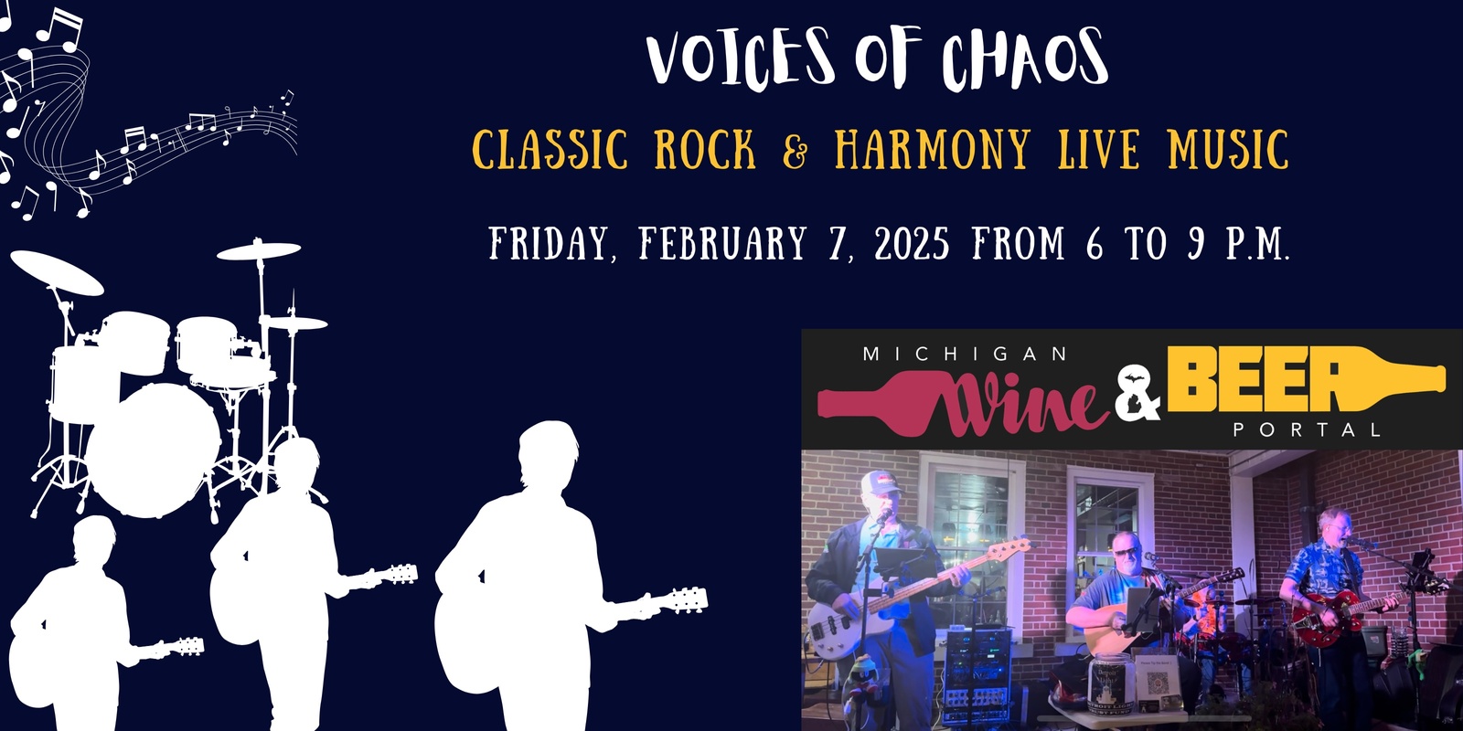 Banner image for VOICES OF CHAOS - LIVE, Friday, February 7, 2025 from 6 to 9 p.m. at the Michigan Wine and Beer Portal & River Raisin Trading Post 