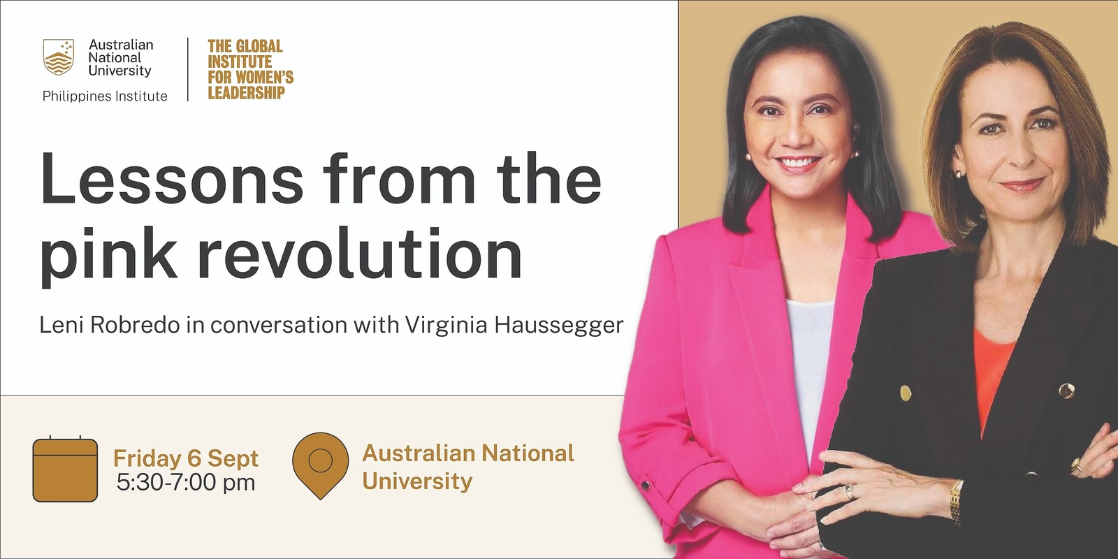 Banner image for Lessons from the “pink revolution”: Former Philippines Vice President Leni Robredo in conversation with Virginia Haussegger