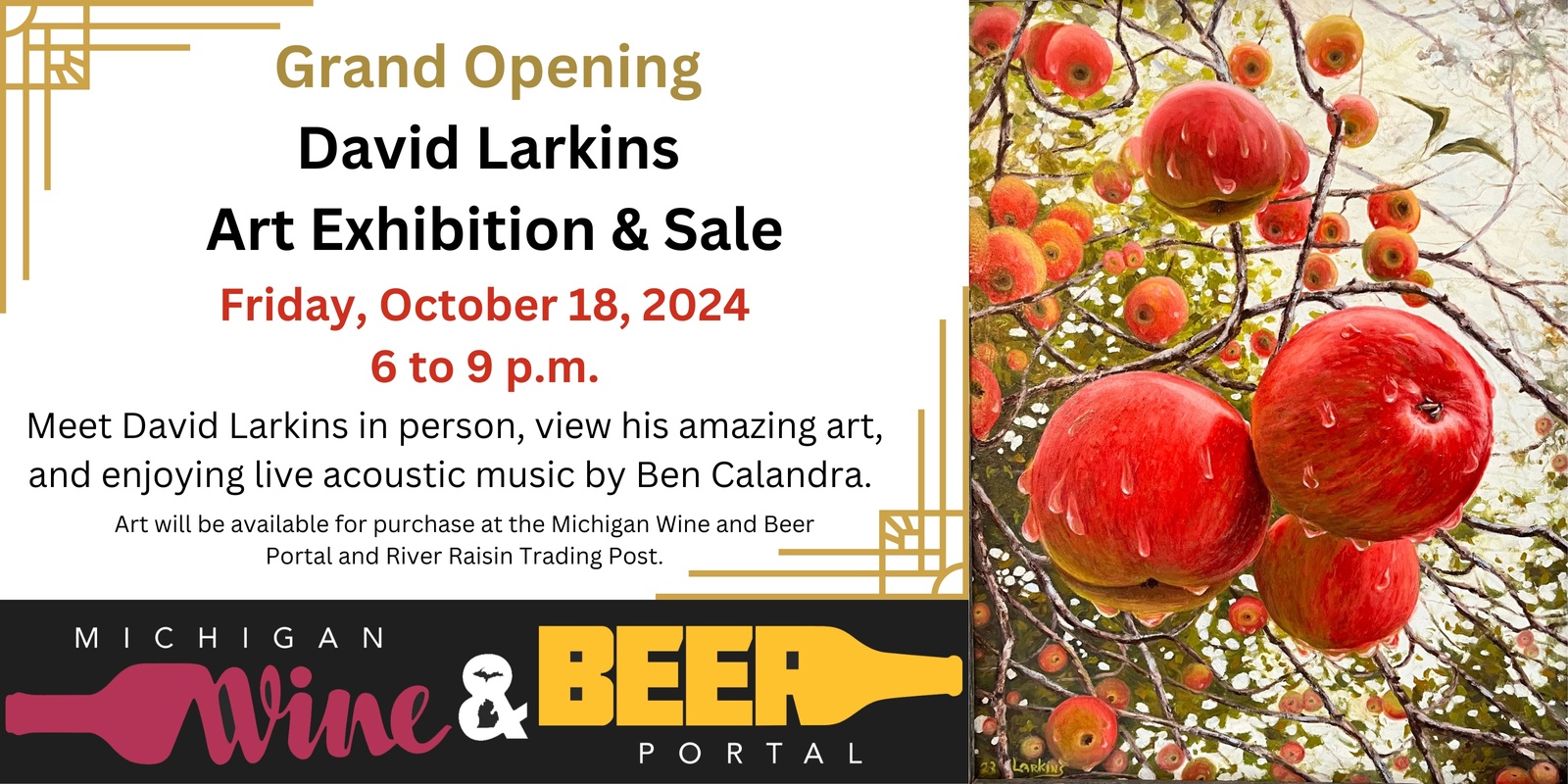 Banner image for David Larkins Art Exhibition and Sale Vernissage (Opening) and Live Music by Ben Calandra 