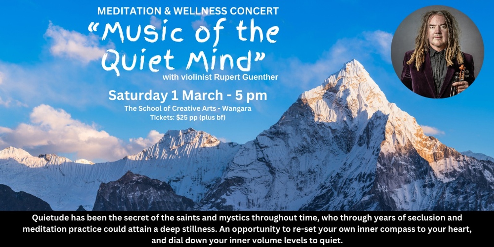 Banner image for "Music of the Quiet Mind" - a meditation & wellness concert with violinist-composer Rupert Guenther