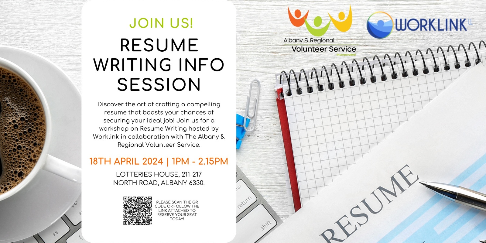 Banner image for Resume Writing - hosted by Worklink in collaboration with The Albany & Regional Volunteer Service.