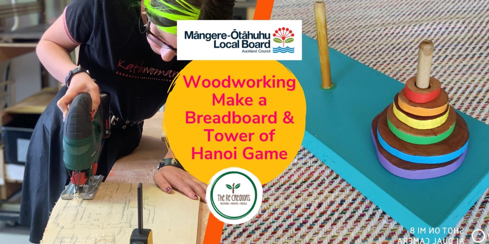 Banner image for Woodworking One Day Course: Tower of Hanoi Game and Make a Breadboard, West Auckland's RE: MAKER SPACE, Thursday, 23 Jan, 9.30 am to 3.30 pm