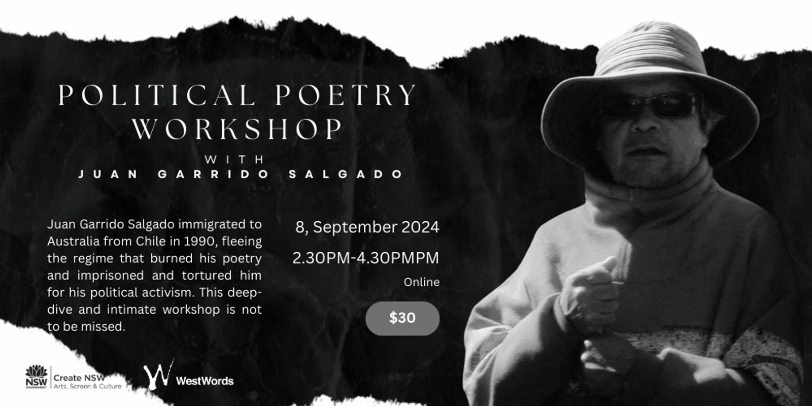 Banner image for Political Poetry Workshop with Juan Garrido Salgado