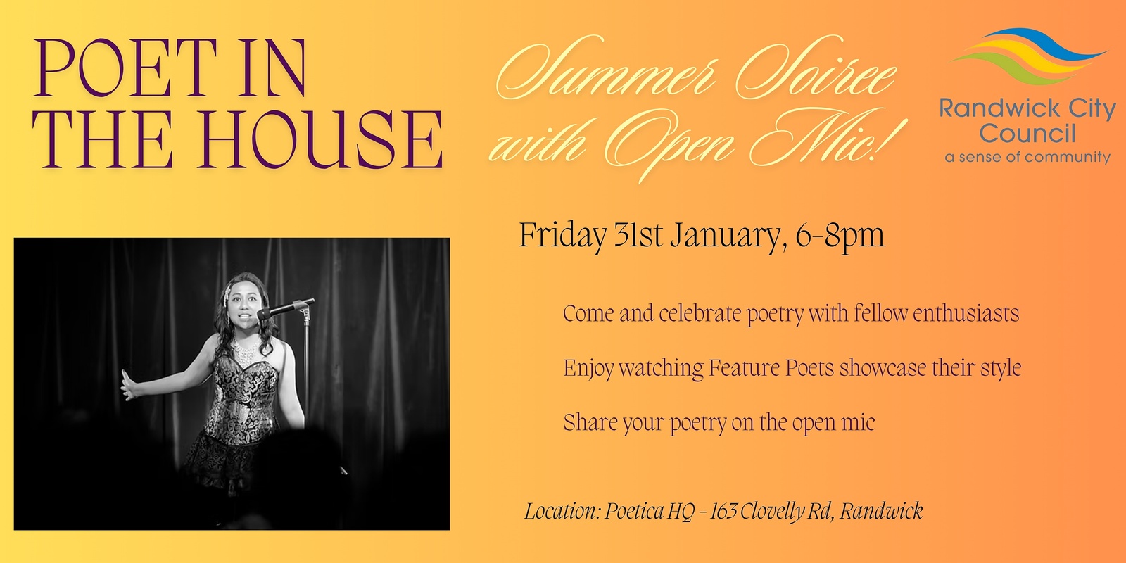 Banner image for Poet in the House Summer Soiree (with open mic!) 31 January