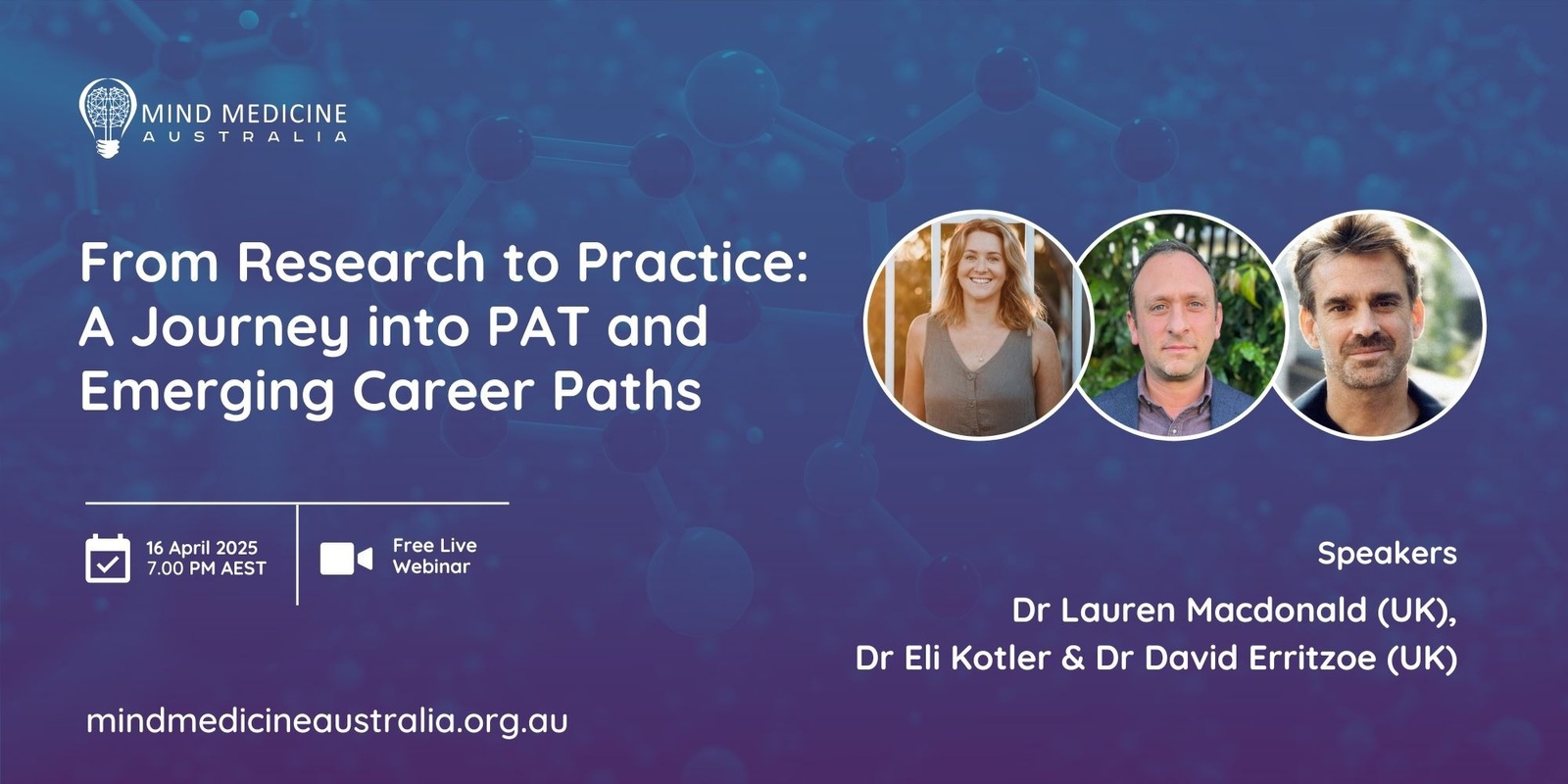 Banner image for Mind Medicine Australia FREE Webinar: From Research to Practice: A Journey into PAT and Emerging Career Paths