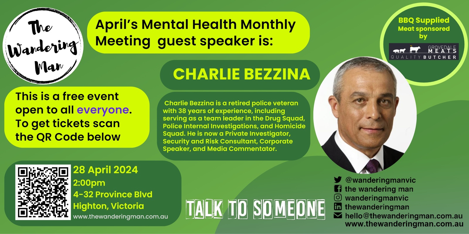 Banner image for MENTAL HEALTH MEETING & BBQ with special guest Charlie Bezzina - 28/04/2024