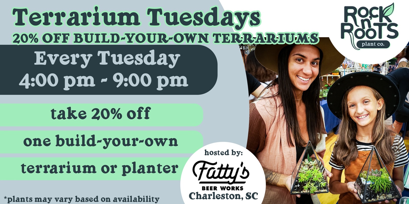 Banner image for Terrarium Tuesdays (20% OFF Build-Your-Own-Terrariums) at Fatty's Beer Works (Charleston, SC)