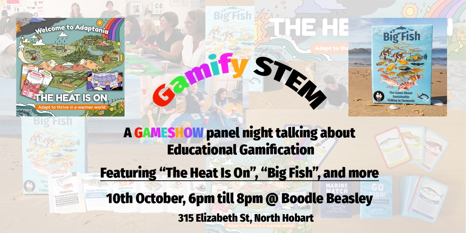 Banner image for Gamify STEM, a gameshow panel night talking about Educational Gamification in STEM + panel BINGO!