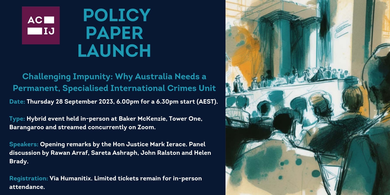 Banner image for ACIJ Policy Paper Launch - Challenging Impunity: Why Australia Needs a Permanent, Specialised International Crimes Unit 