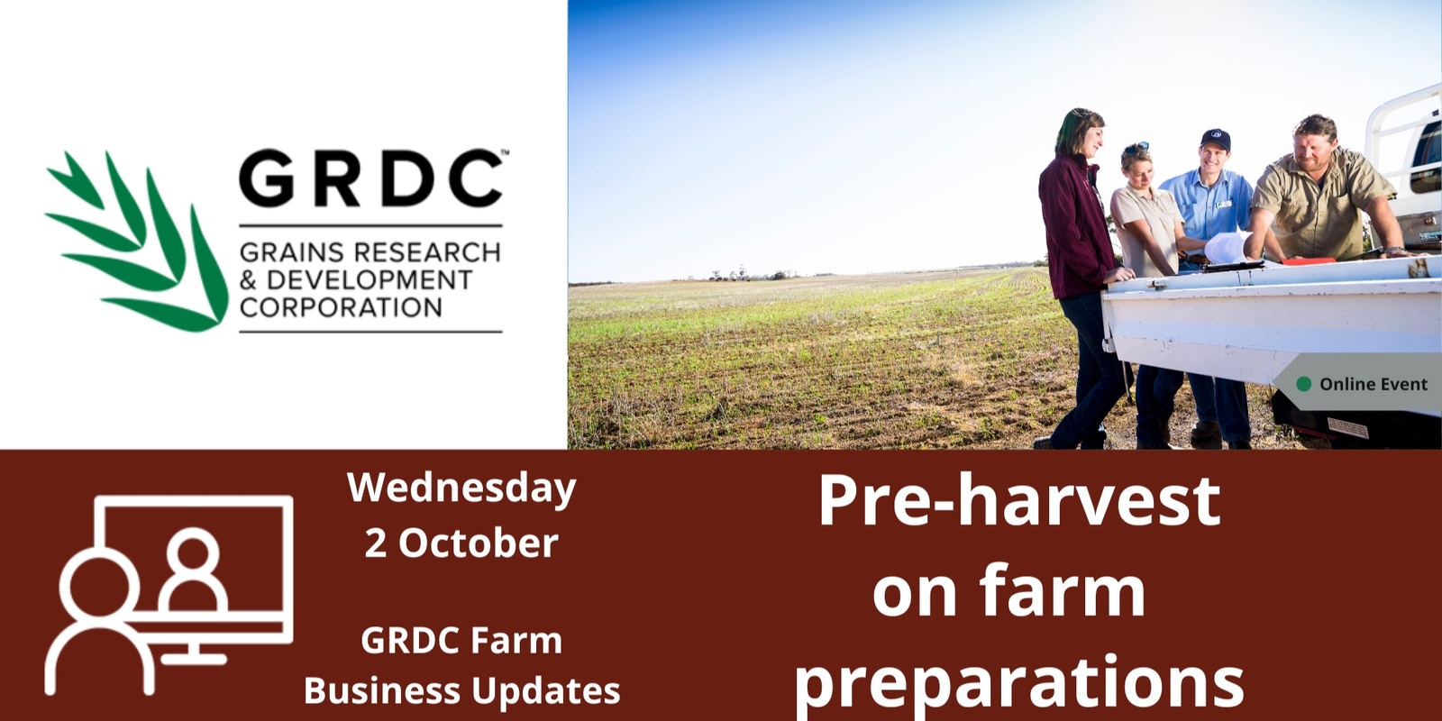 Banner image for GRDC Farm Business Update, Online - pre-Harvest on Farm preparations