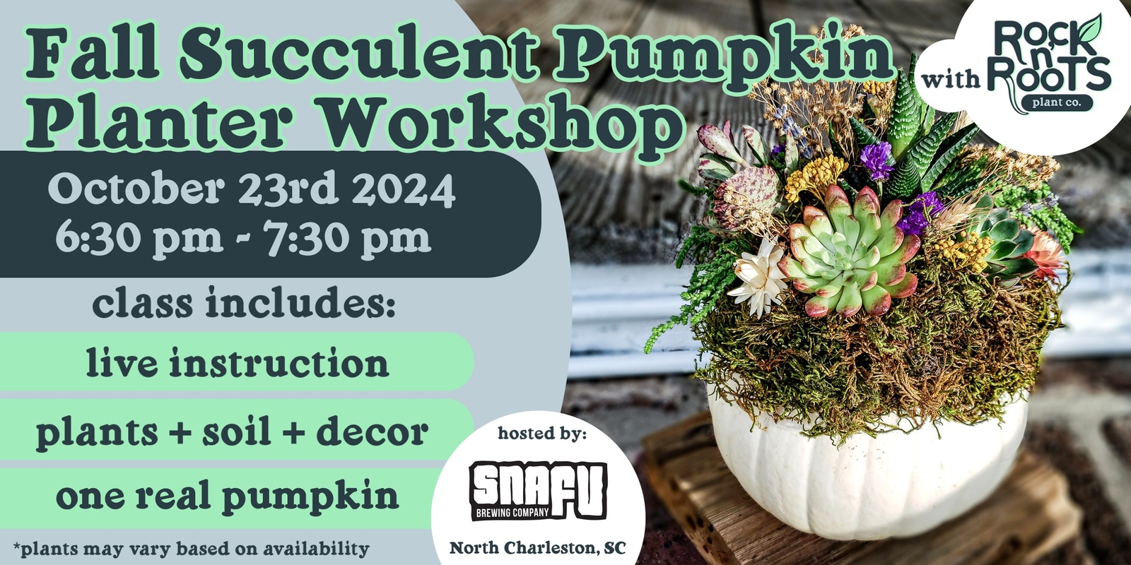 Banner image for Fall Succulent Pumpkin Planter Workshop at Snafu Brewing (North Charleston, SC)