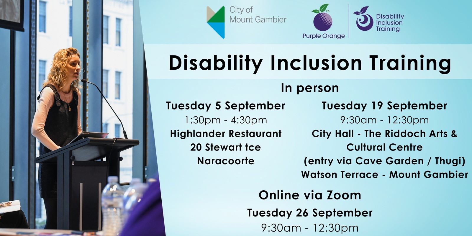 Banner image for In-Person: Purple Orange’s Free Limestone Coast Disability Inclusion Training - Tues 05 Sep and Tuesday 19 Sep