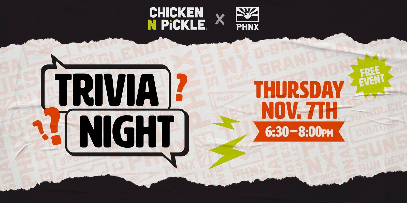 Banner image for PHNX Trivia Night at Chicken N Pickle