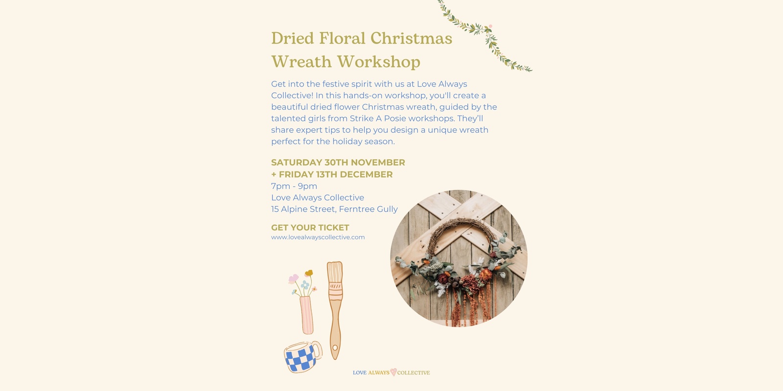 Banner image for Dried Floral Christmas Wreath Workshop - 30th November 