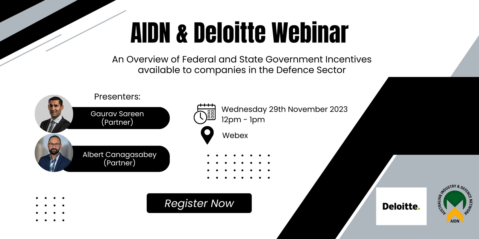Banner image for AIDN & Deloitte Webinar - An Overview of Federal and State Government Incentives available to companies in the Defence Sector