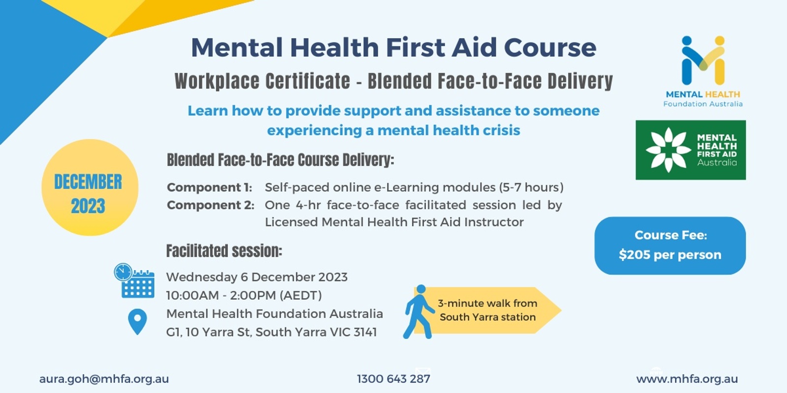 Banner image for Blended Face-to-Face Mental Health First Aid course (Workplace Certificate) - December 2023