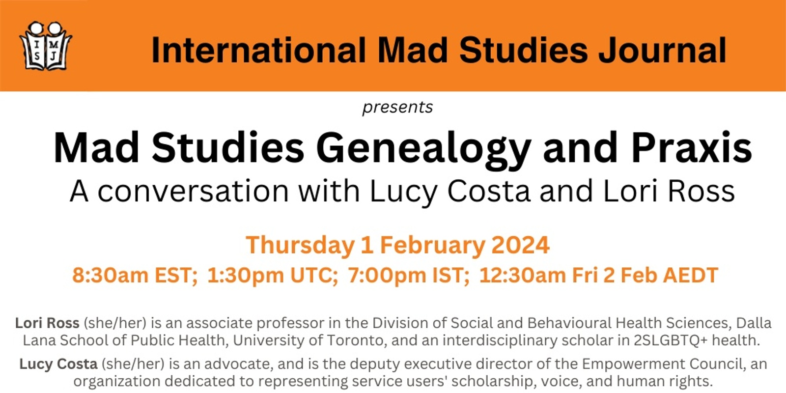 Banner image for Mad Studies Genealogy and Praxis - A conversation with Lucy Costa and Lori Ross