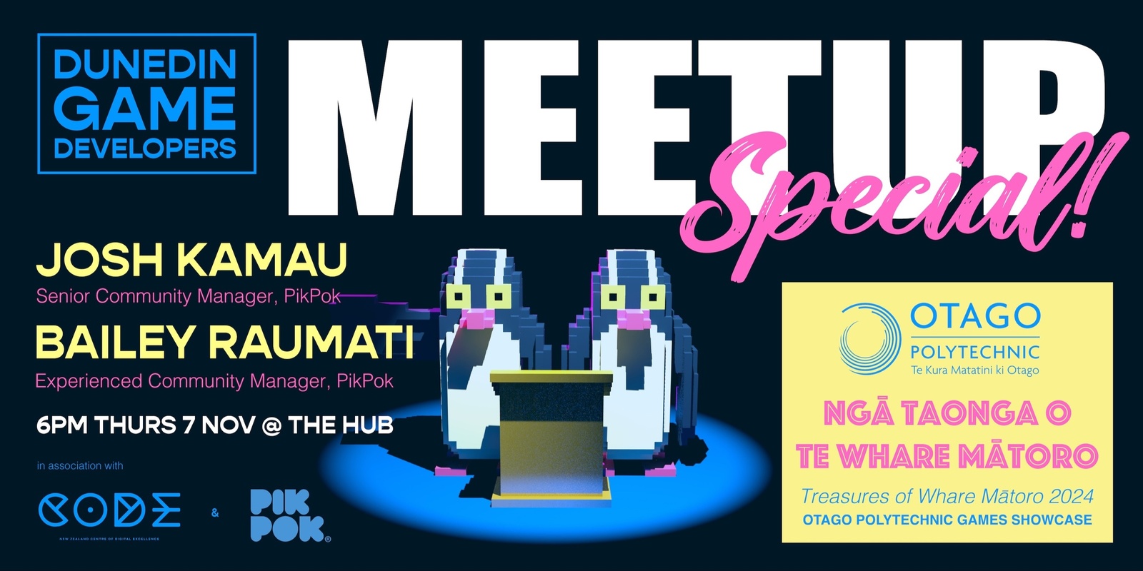 Banner image for NOV Dunedin Game Dev Meetup - PikPok Special Guests + Student Games Showcase