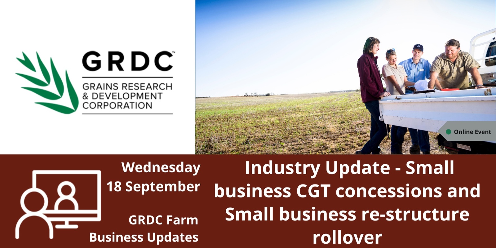 Banner image for GRDC Farm Business Update National Livestream - Industry update: Small business CGT concessions and Small business re-structure rollover