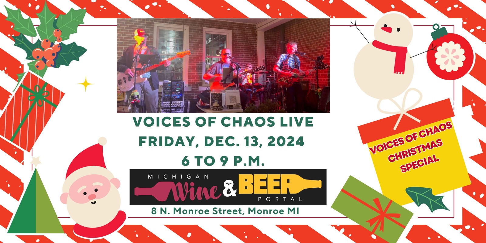 Banner image for Voices of Chaos LIVE - Christmas Special - Friday, Dec. 13, 2024 from 6 to 9 p.m. at the Michigan Wine and Beer Portal!