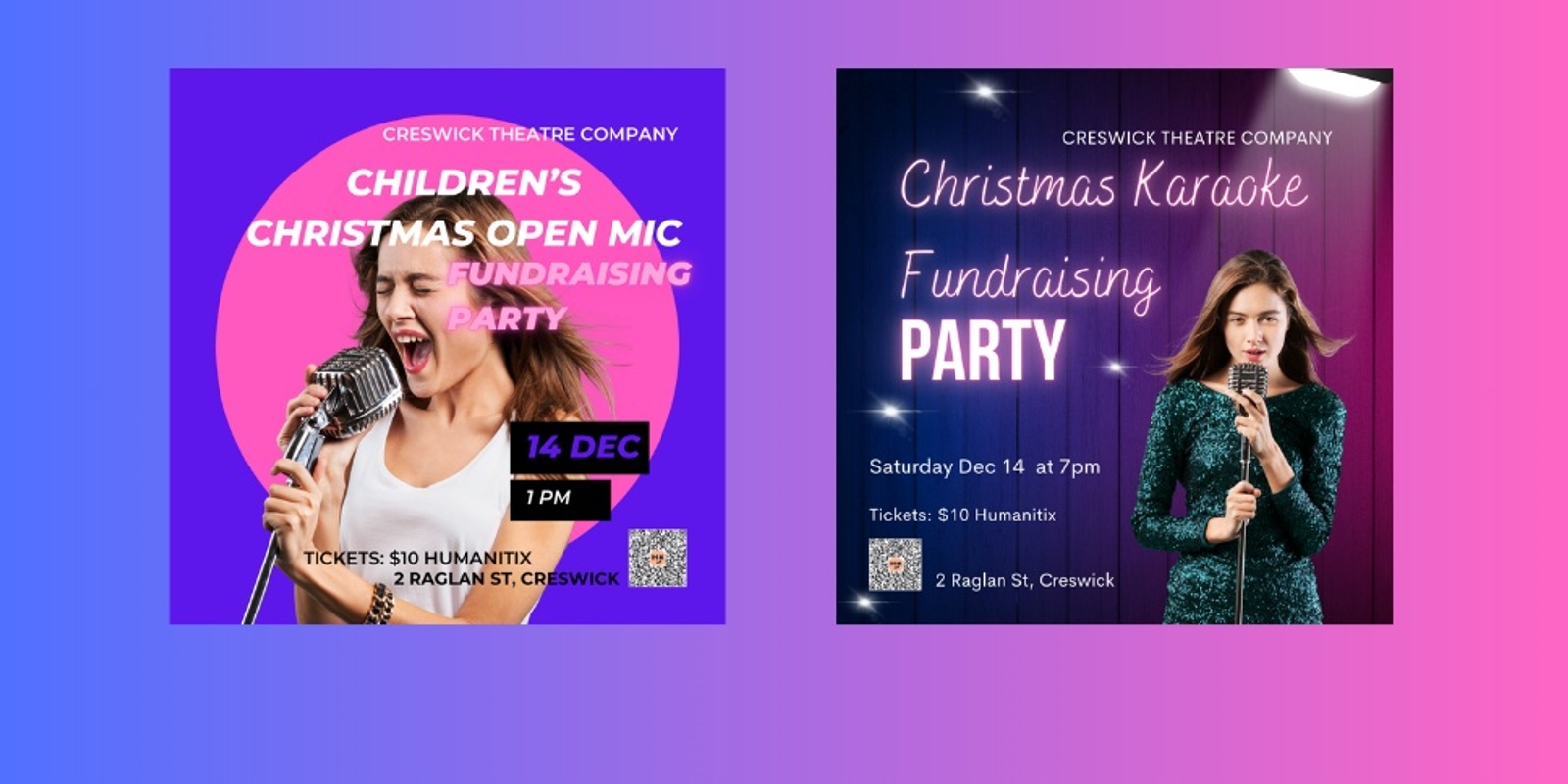 Banner image for Creswick Theatre Company are hosting two fundraising parties with our Children's Christmas Open Mic Party followed by a Christmas Karaoke Party