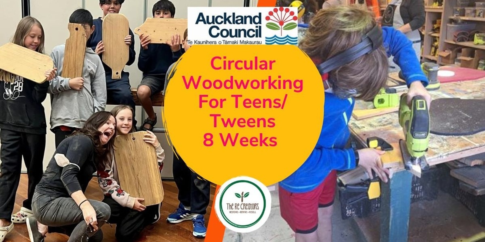 Banner image for Circular Woodworking Design Programme for Kids and Teens ages 10-14, West Auckland's RE: MAKER SPACE Thursdays 31 Oct - 19 Dec, 4pm - 6pm 