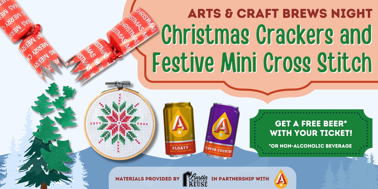 Banner image for Arts & Craft Brews Night at Austin Beerworks: Christmas Crackers and Festive Mini Cross Stitch