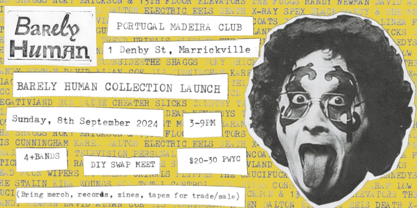 Banner image for Barely Human Launch: DIY Swap Meet + Bed Wettin' Bad Boys, Itchy & The Nits, Photogenic, Osbo, Jacky Wunder (Portugal Madeira Club, Marrickville NSW)