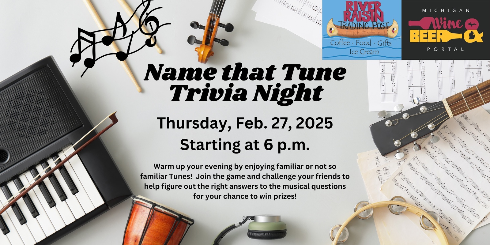 Banner image for Name That Tune LIVE Trivia at the Michigan Wine and Beer Portal, Thursday, Feb. 27, 2025 starting at 6 p.m.!