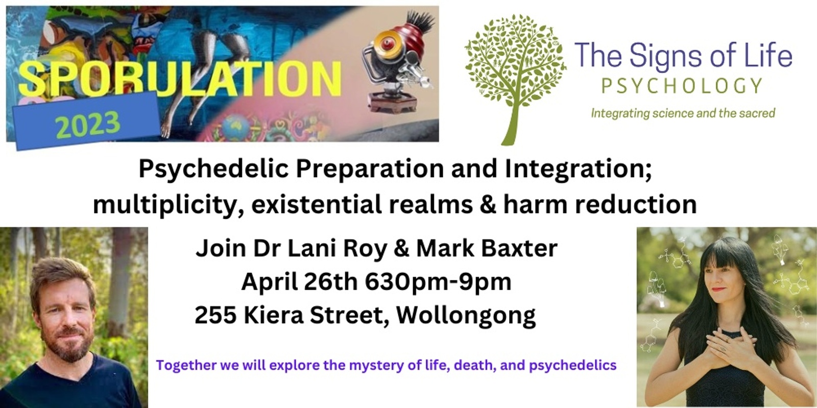 Banner image for Psychedelic Preparation and Integration:  exploring multiplicity, existential realms, and harm reduction. @ The Sporulation Art Show in the Gong