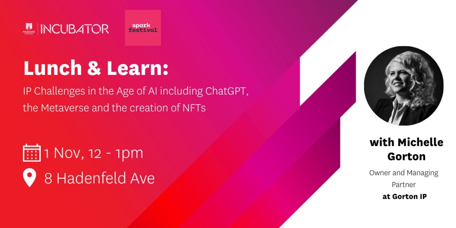 Banner image for MQ Incubator Lunch & Learn | IP Challenges in the Age of AI including ChatGPT, the Metaverse and the creation of NFTs