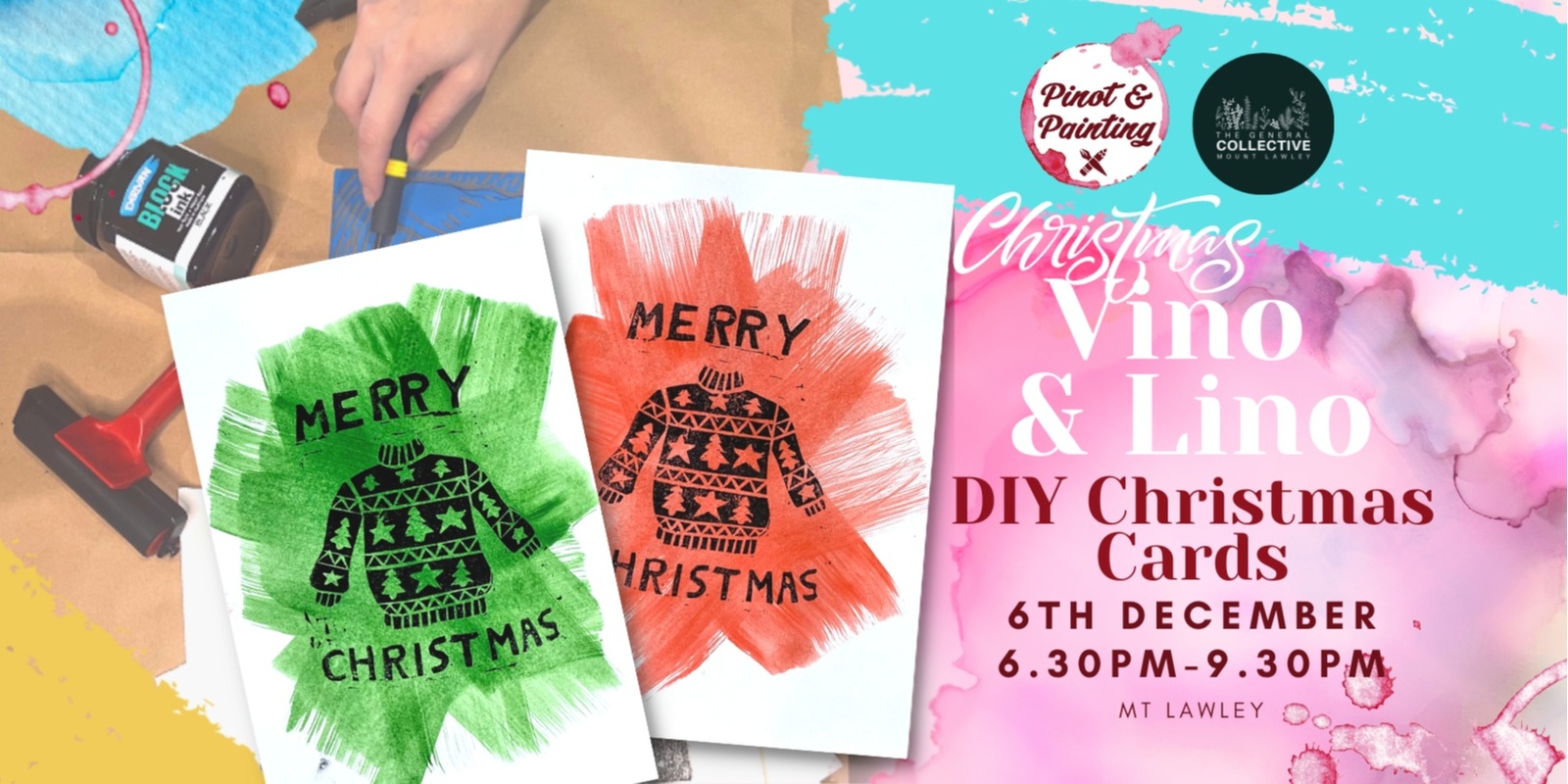 Banner image for Vino & Lino: DIY Christmas Cards @ The General Collective 