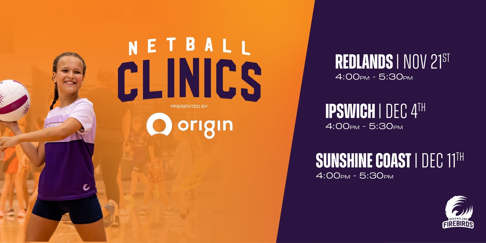 Banner image for Origin and Queensland Firebirds - FREE Netball Clinic - Ipswich