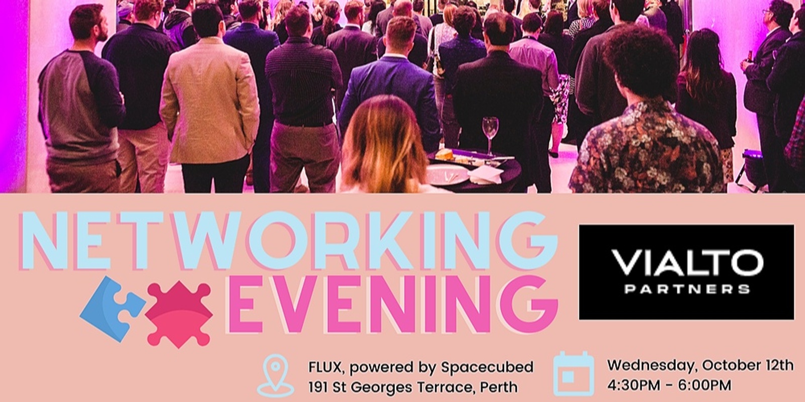 Banner image for Spacecubed Networking Evening, featuring Vialto Partners