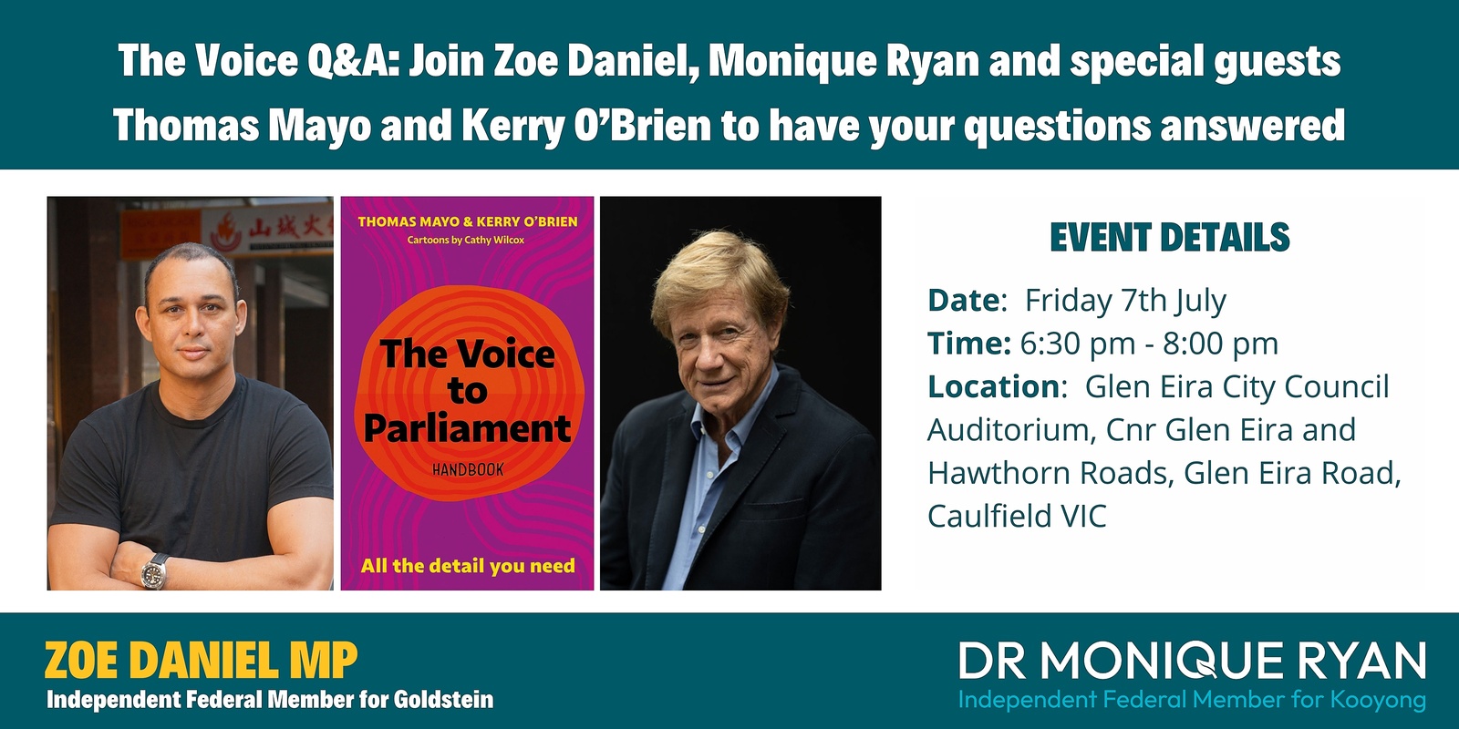 Banner image for The Voice Q&A: Join Zoe Daniel, Monique Ryan and special guests Thomas Mayo and Kerry O’Brien to have your questions answered.