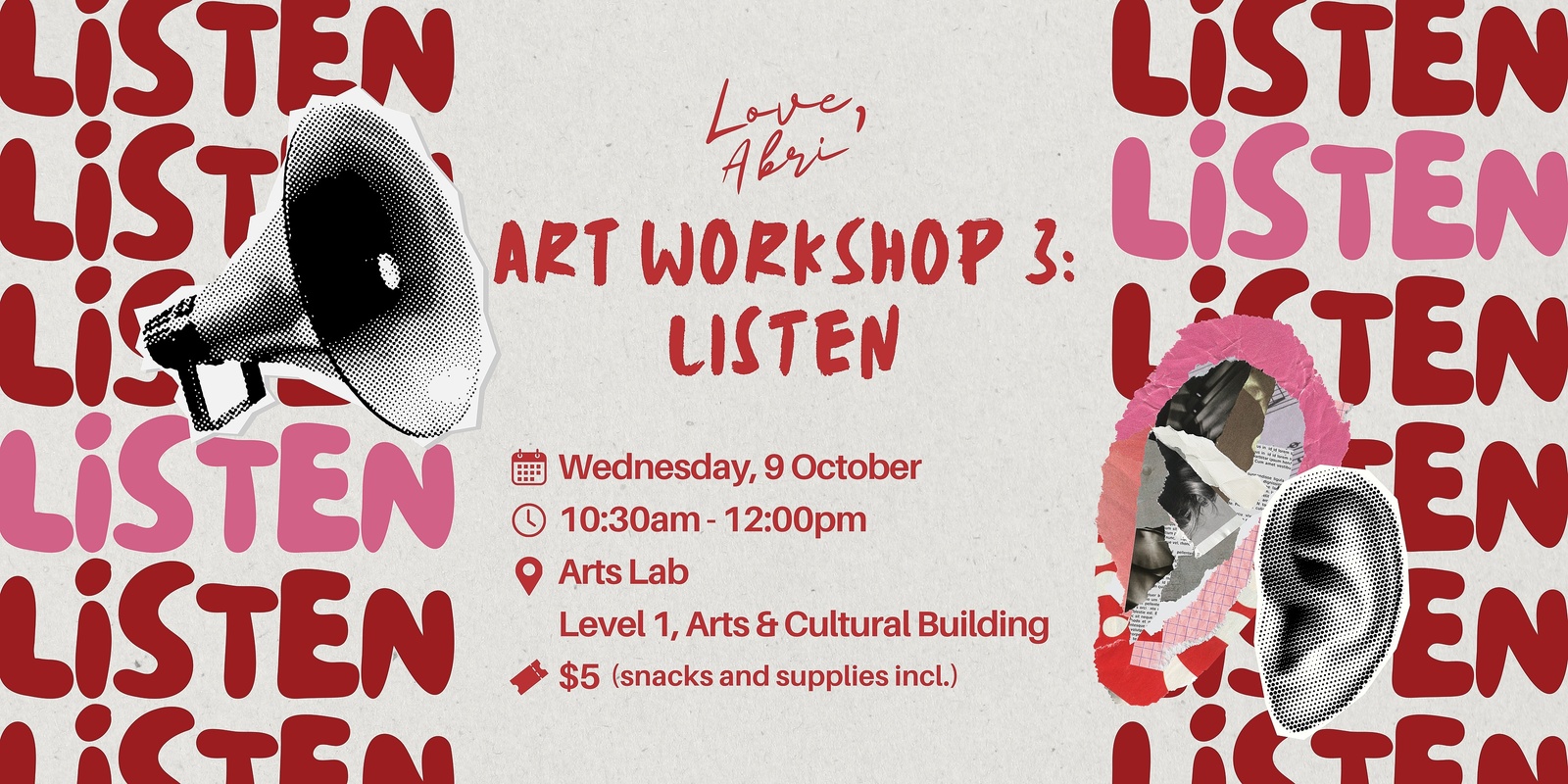 Banner image for Workshop 3: Listen - The 'Love, Abri' Art and Chat Series